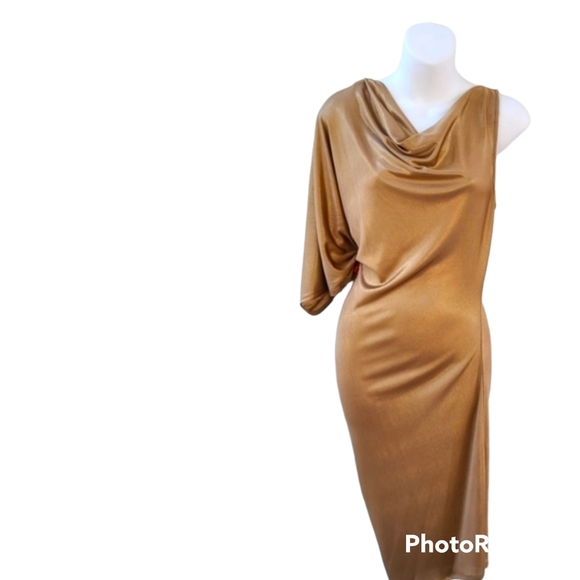BCBG MaxAzria Gold Abriel draped cowl neck holiday dress one shoulder size large - Picture 5 of 5